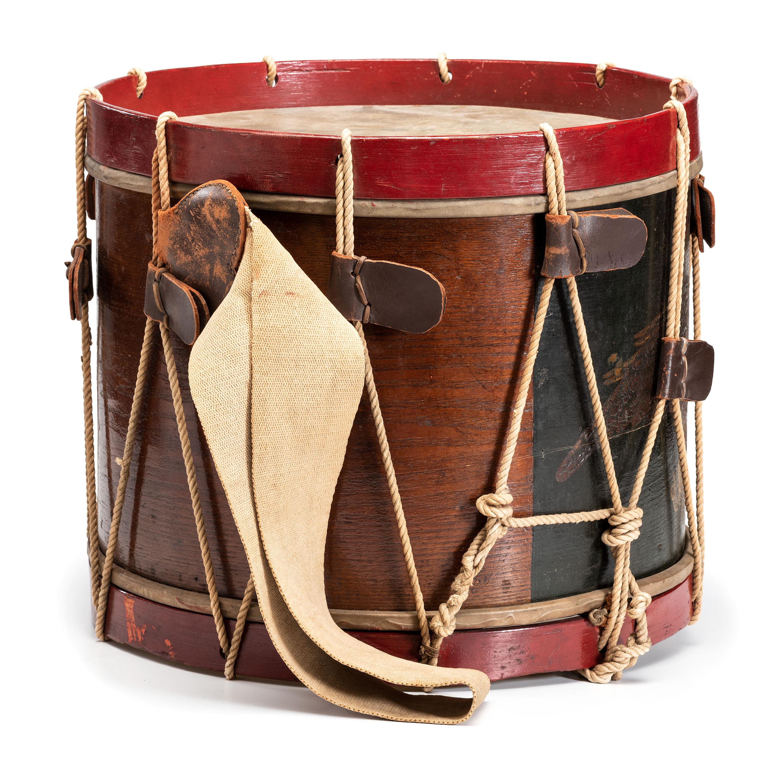 Civil War painted US regulation eagle drum with sticks. Manufactured by C.M. Zimmerman, Philadelphia, PA.