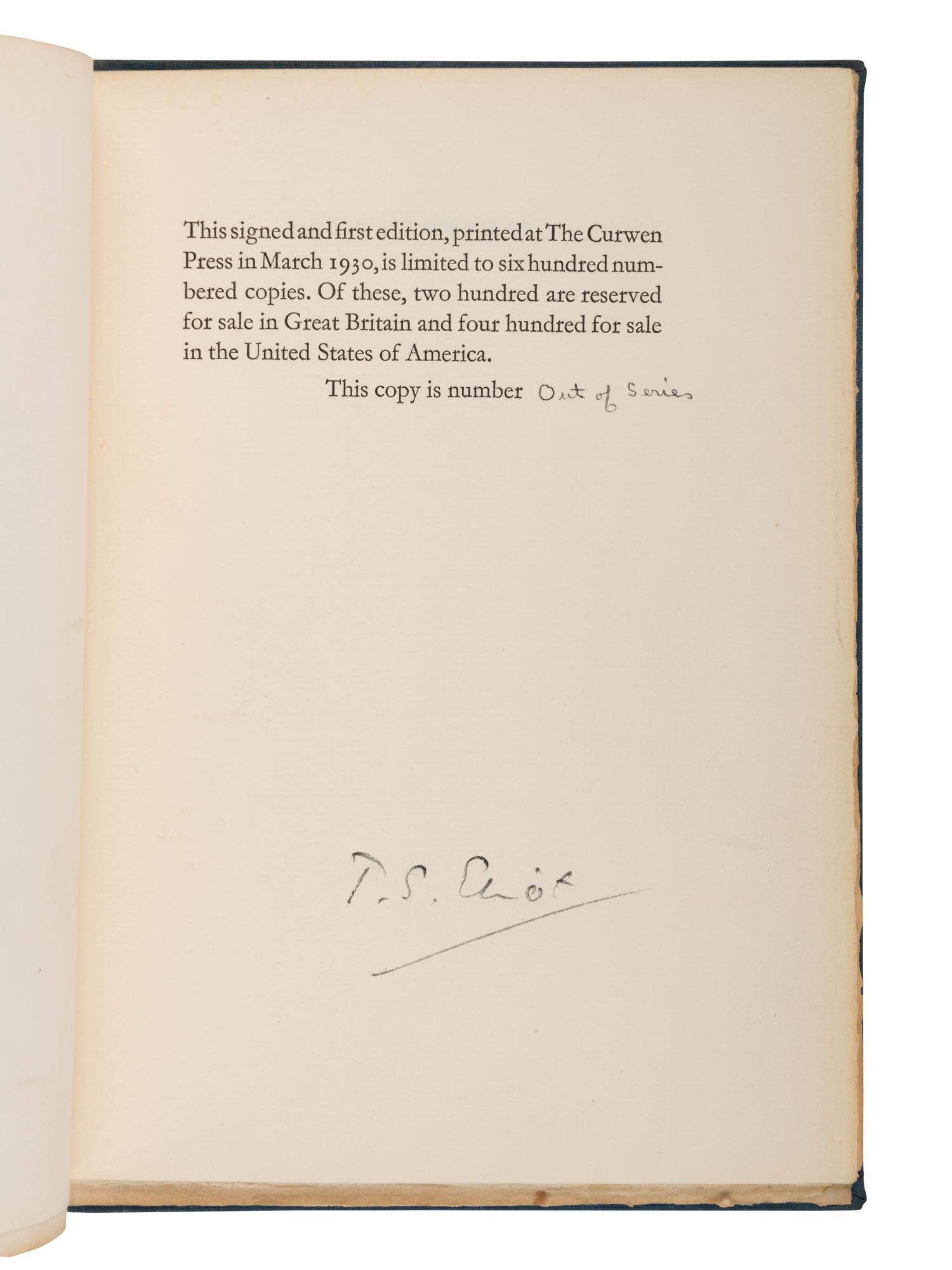 ELIOT, T.S. (1888-1965). Ash Wednesday. New York and London: The Fountain Press and Faber & Faber, 1930.