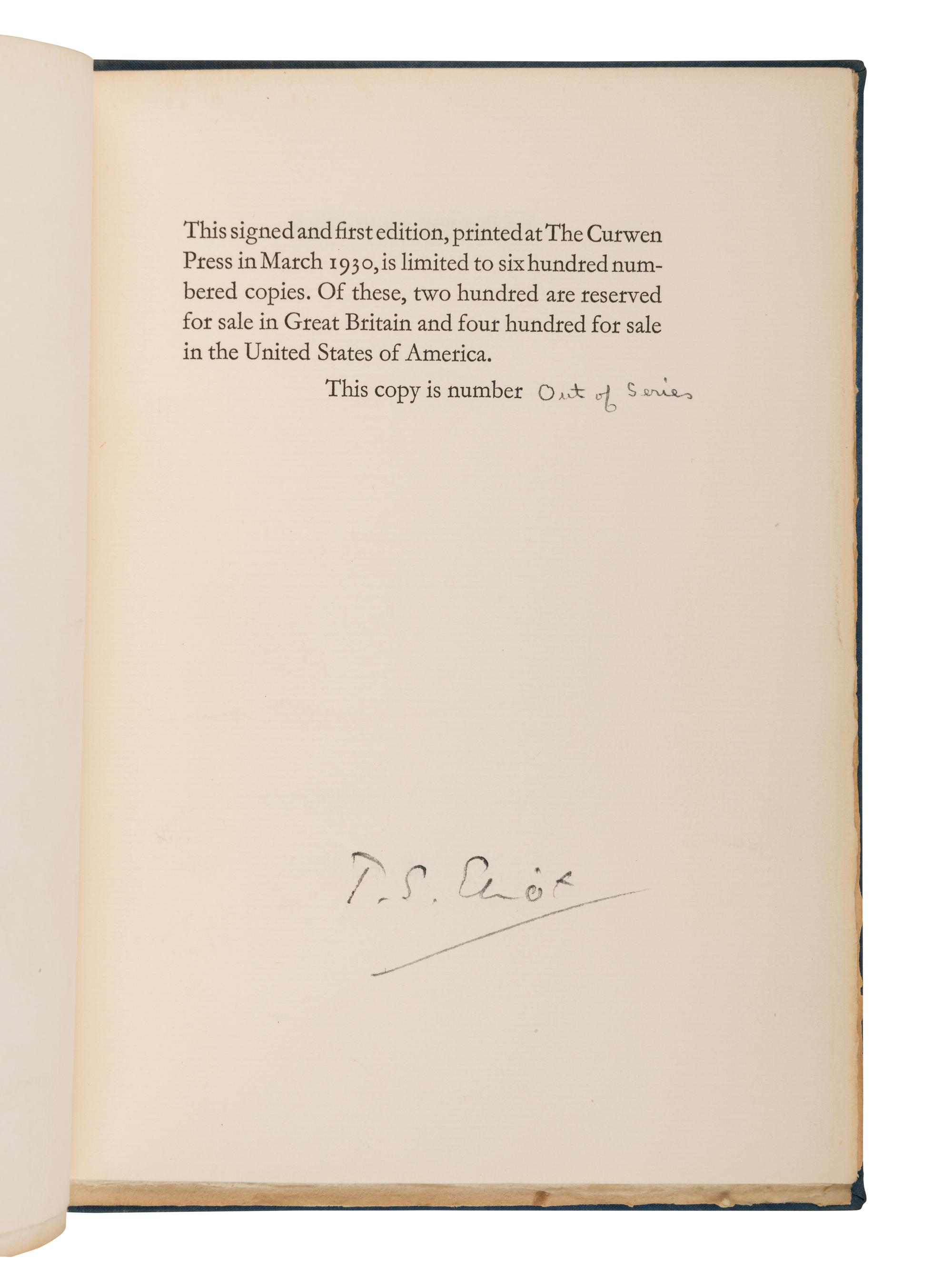 ELIOT, T.S. (1888-1965). Ash Wednesday. New York and London: The Fountain Press and Faber & Faber, 1930.