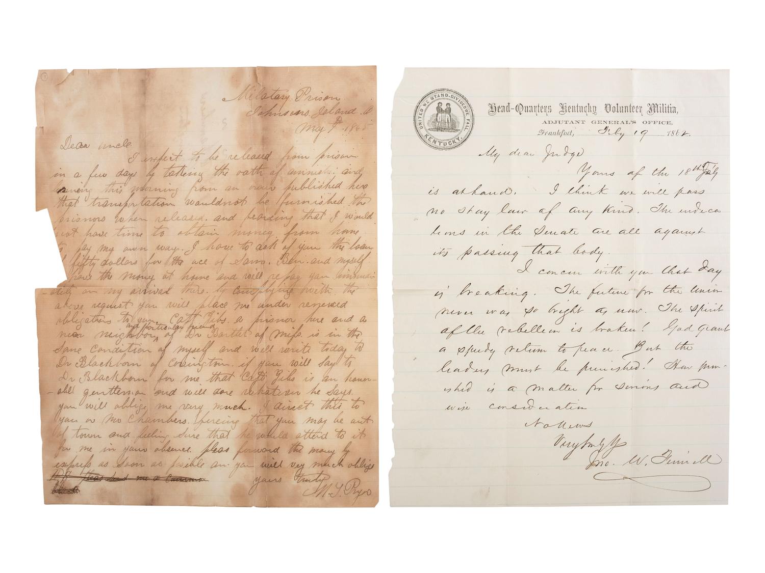 [CIVIL WAR]. Archive of 16 letters to Judge James Pryor, including some from Judge William S. Pryor.