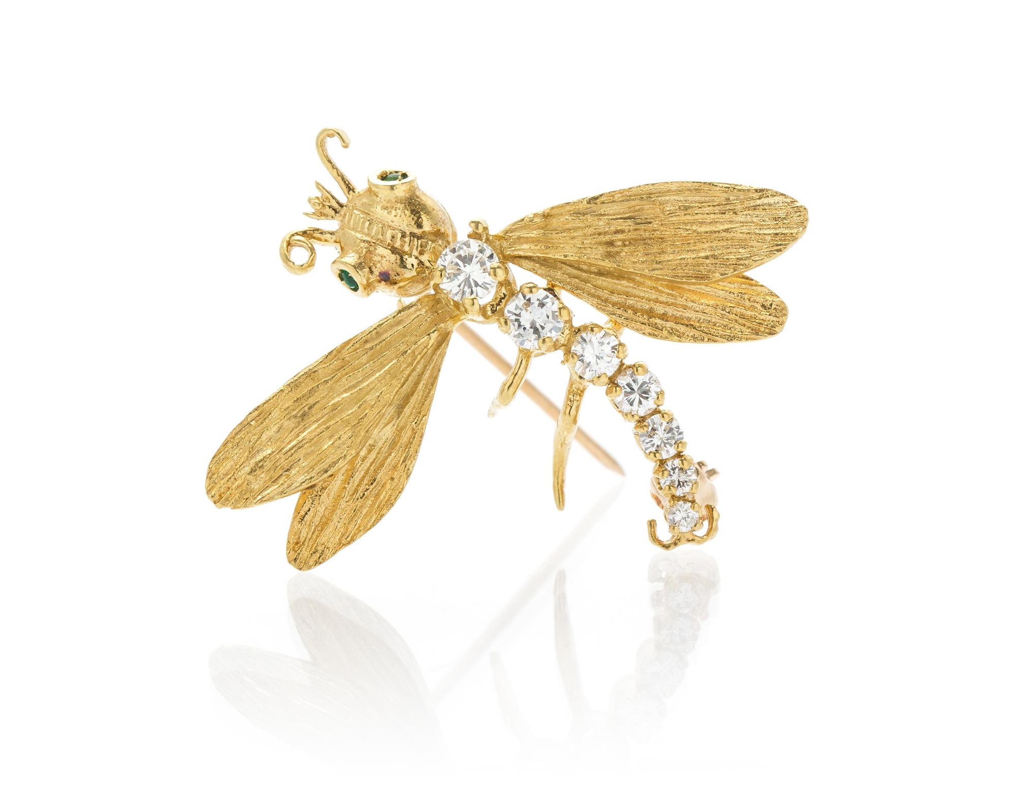 An 18 Karat Yellow Gold, Diamond and Emerald Dragonfly Brooch, Herbert Rosenthal, 2.70 dwts.