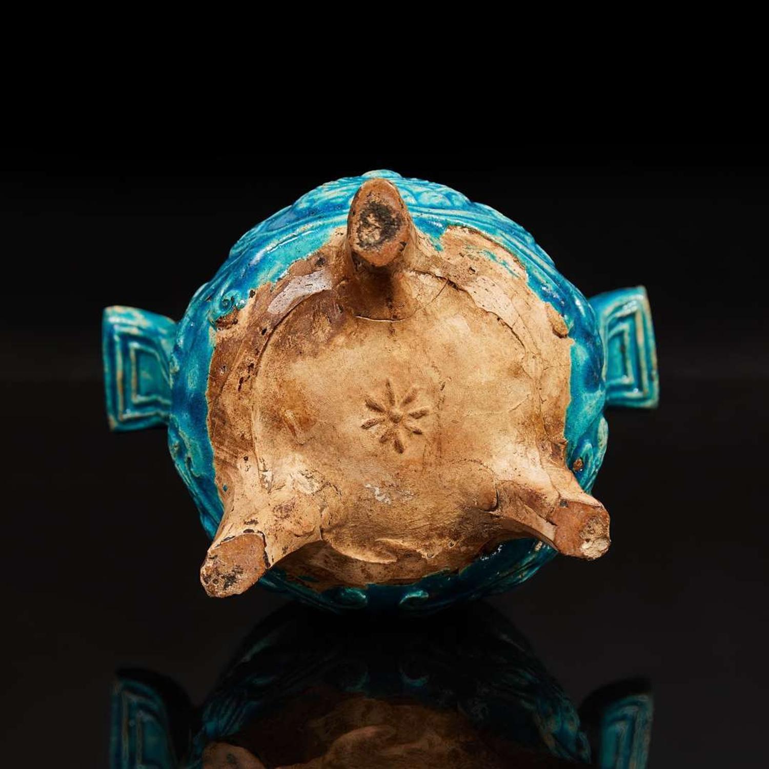 A Chinese turquoise-glazed tripod censer with carved wood cover and jade finial 松石綠地嵌玉鈕帶蓋小香爐
