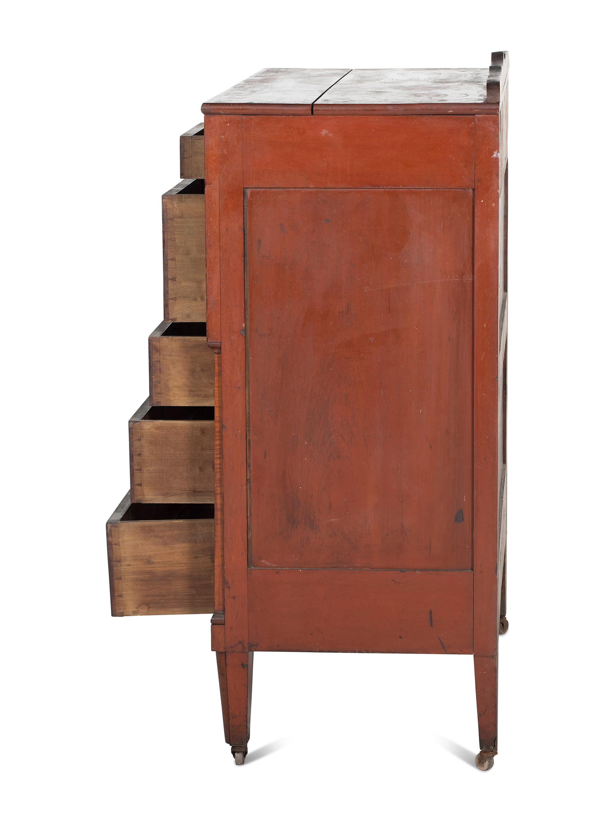 An Ohio Mennonite Red-Stained Cherrywood and Tiger Maple Chest of Drawers