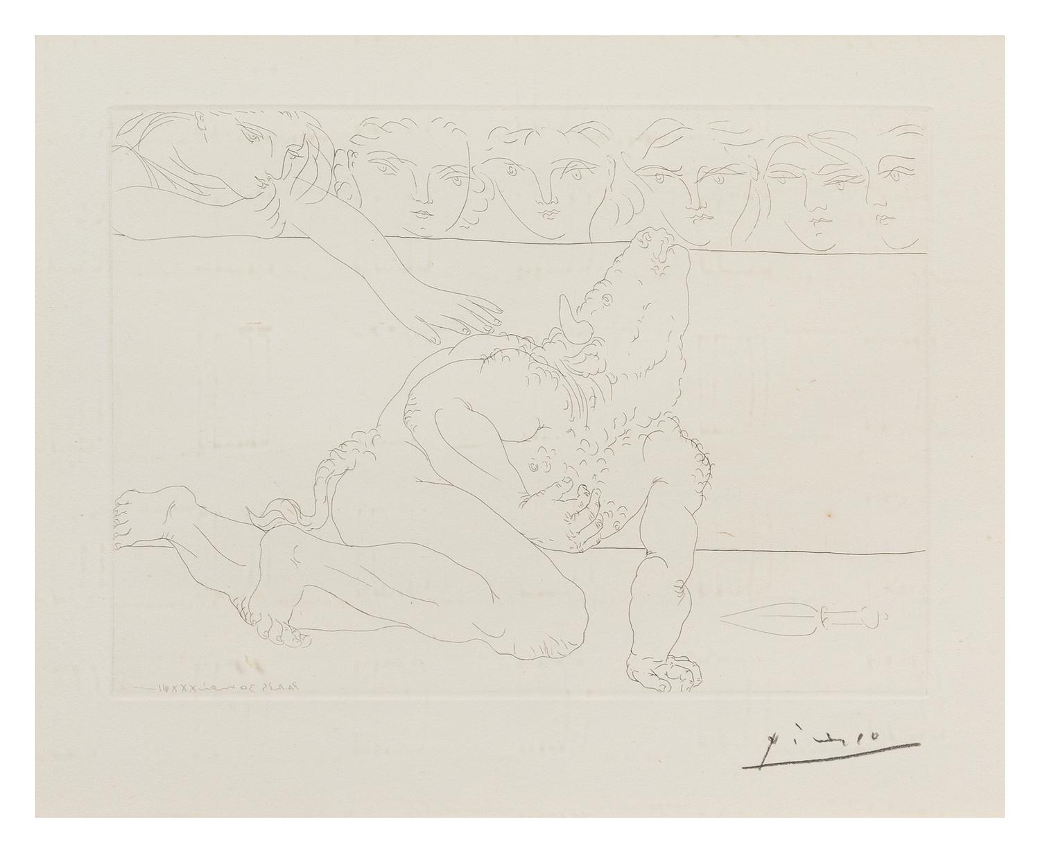 Pablo Picasso, (Spanish, 1881-1973), Minotaure mourantet et jeune femme pitoyable (plate 90 from La Suite Vollard), 1933