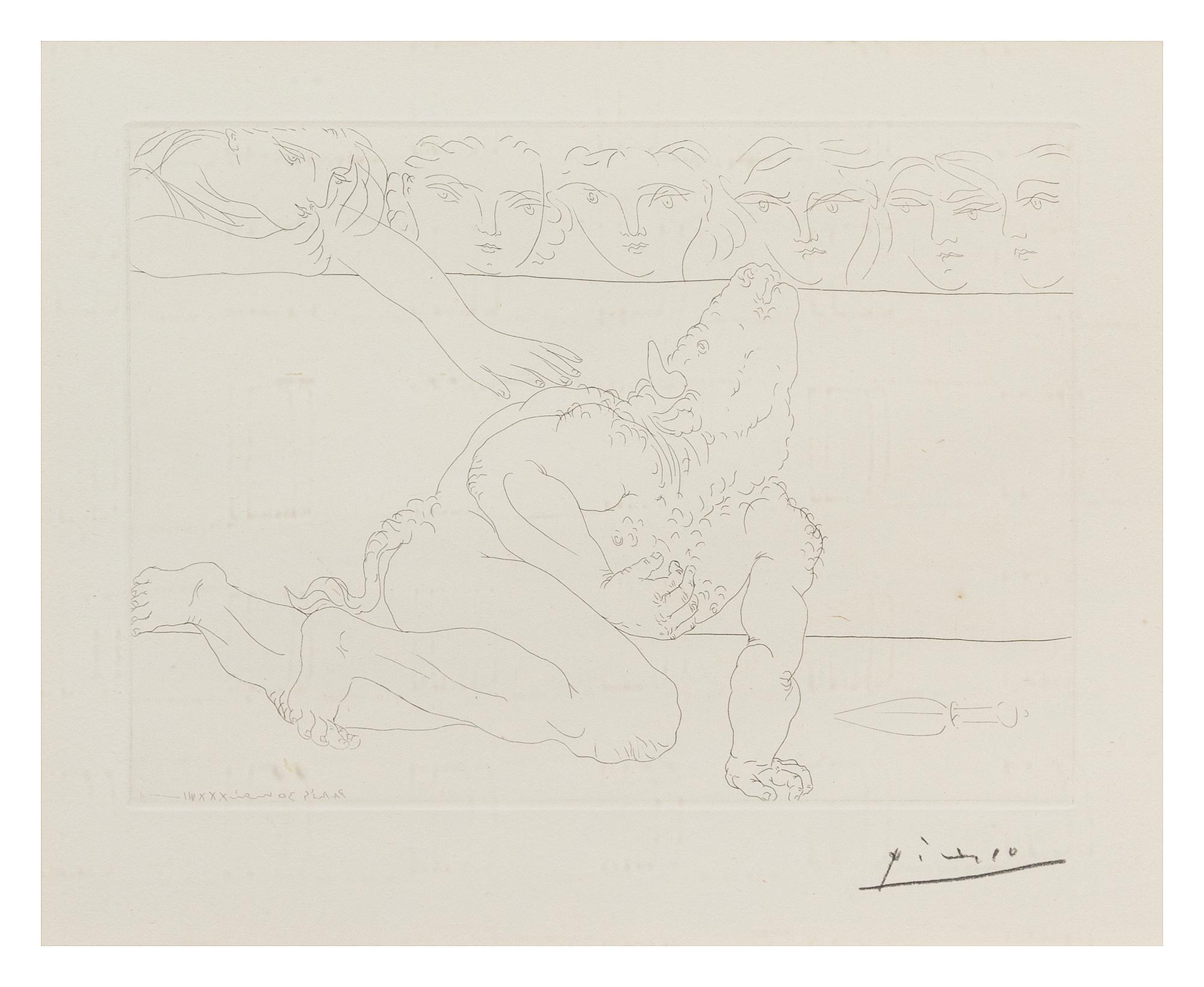 Pablo Picasso, (Spanish, 1881-1973), Minotaure mourantet et jeune femme pitoyable (plate 90 from La Suite Vollard), 1933