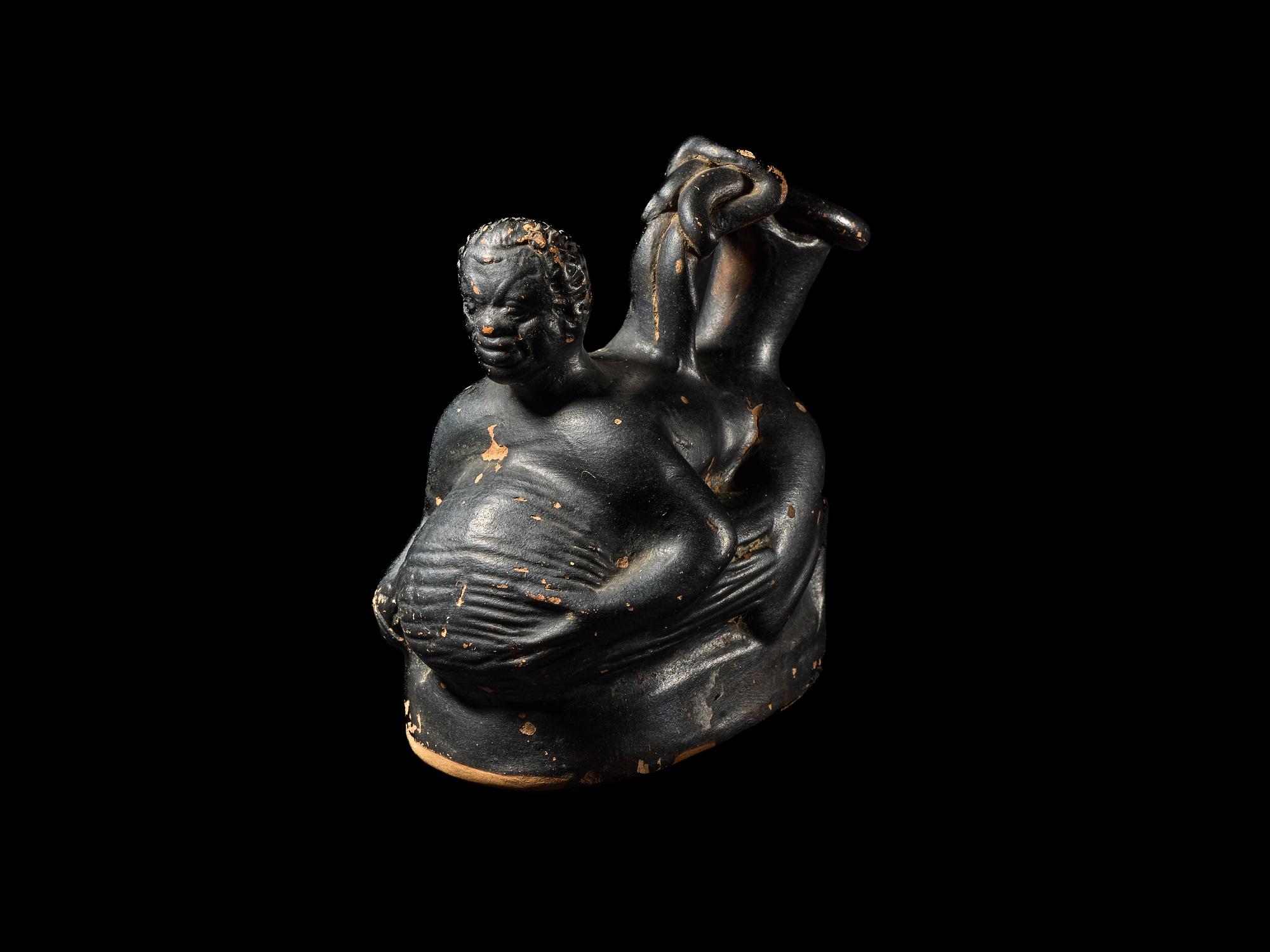 A Campanian Black-Glazed Askos in the Form of a Pygmy and Crane