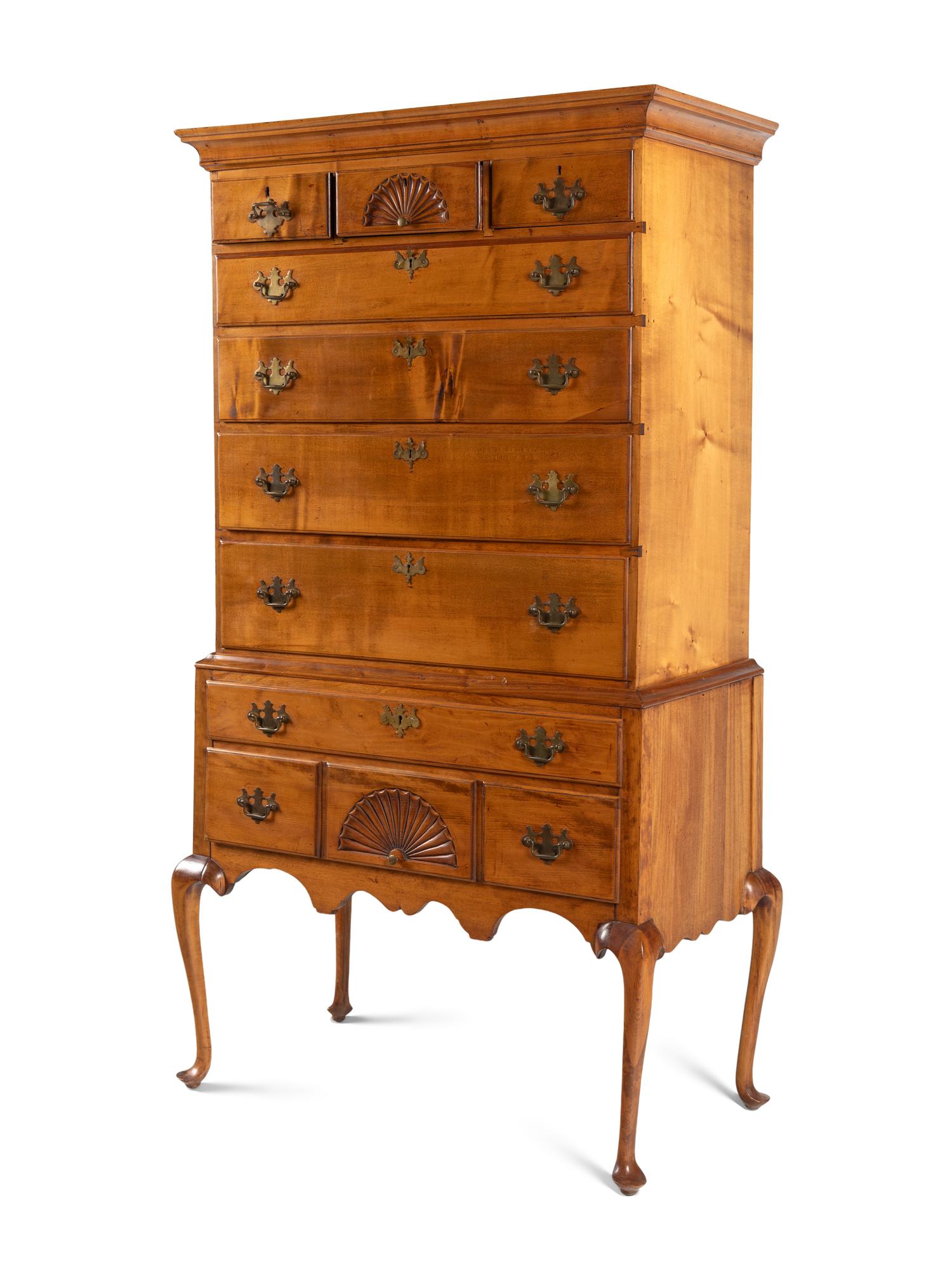 A Queen Anne Fan-Carved Cherrywood Flat-Top High Chest
