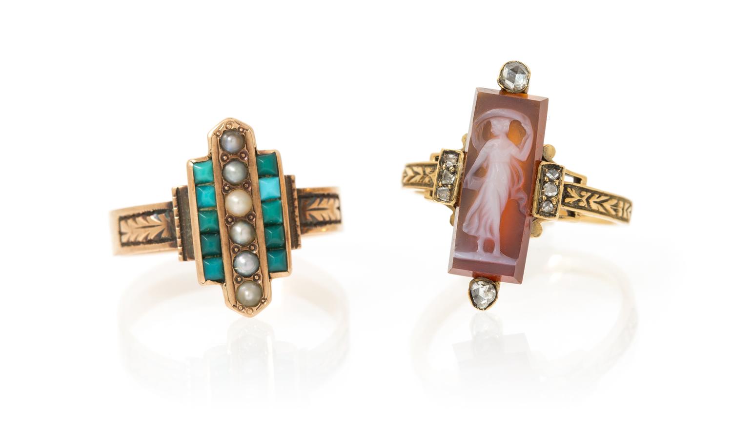 A Collection of Antique Yellow Gold, Cameo, Seed Pearls, Diamonds and Turquoise Rings, 4.20 dwts.