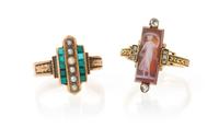 A Collection of Antique Yellow Gold, Cameo, Seed Pearls, Diamonds and Turquoise Rings, 4.20 dwts.
