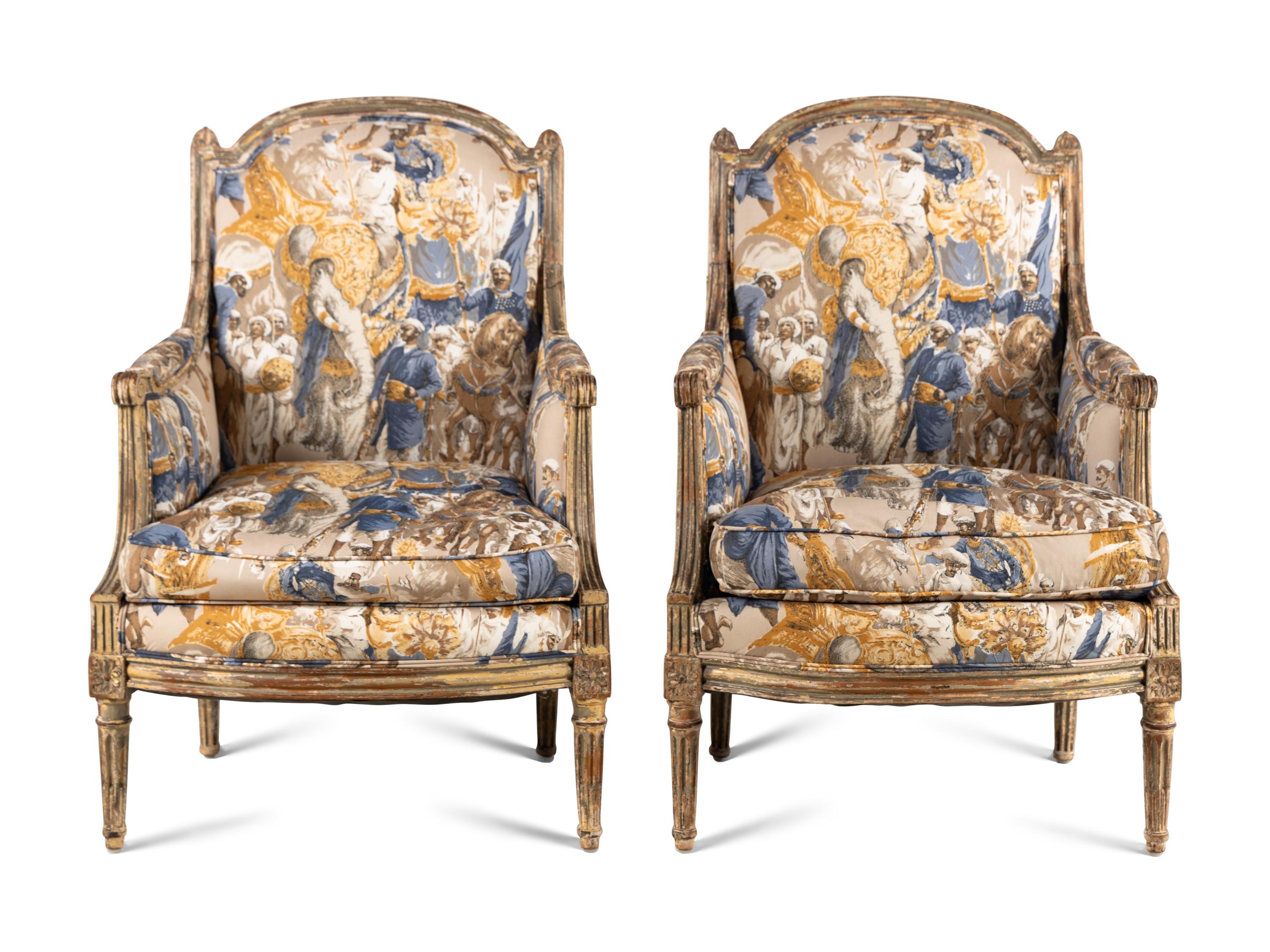 A Pair of Louis XVI Gray-Painted Bergères