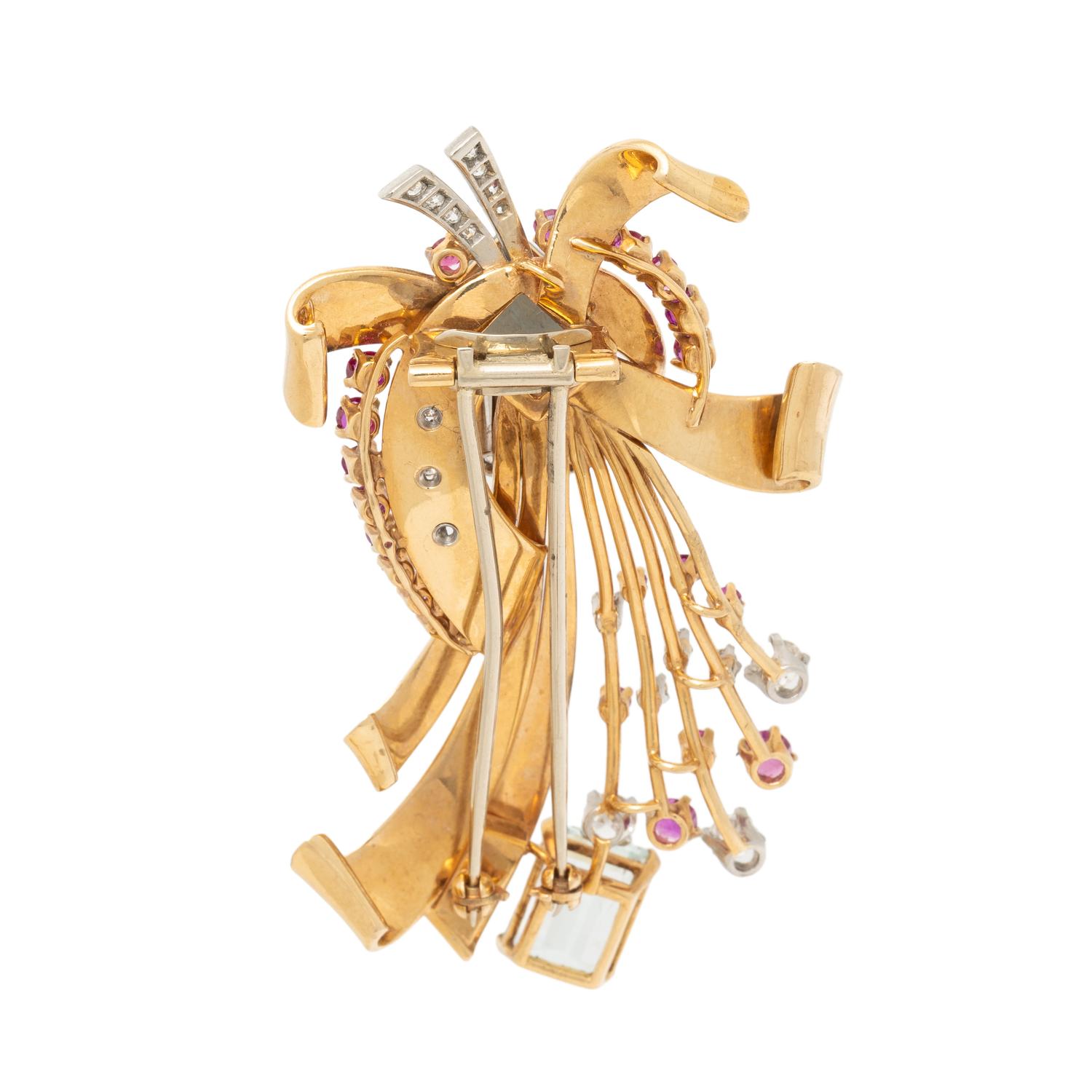 RETRO, AQUAMARINE, DIAMOND, RUBY, AND YELLOW GOLD BROOCH