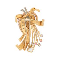 RETRO, AQUAMARINE, DIAMOND, RUBY, AND YELLOW GOLD BROOCH