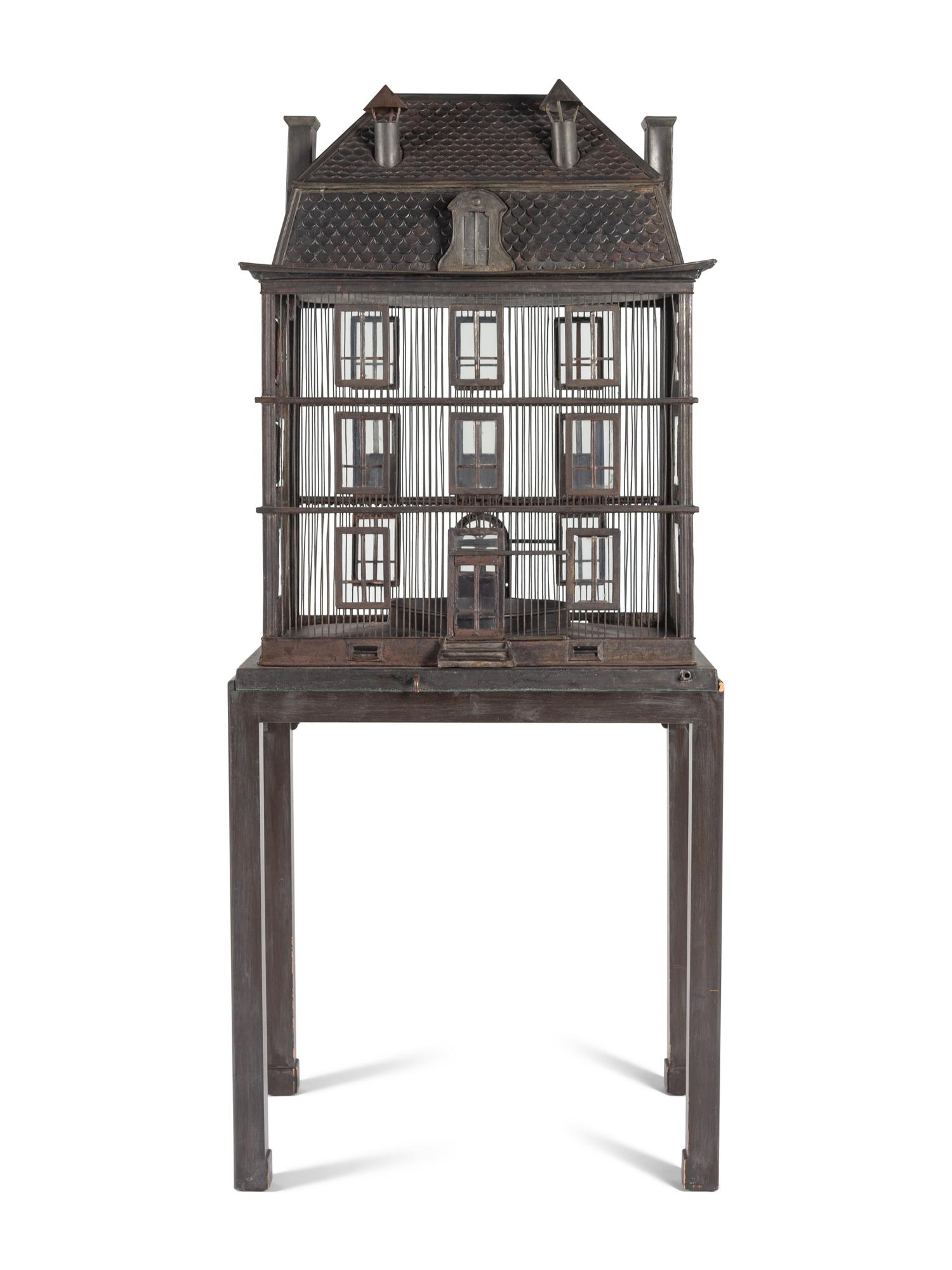 A Large French Grey-Painted Metal Chateau-Form Birdcage