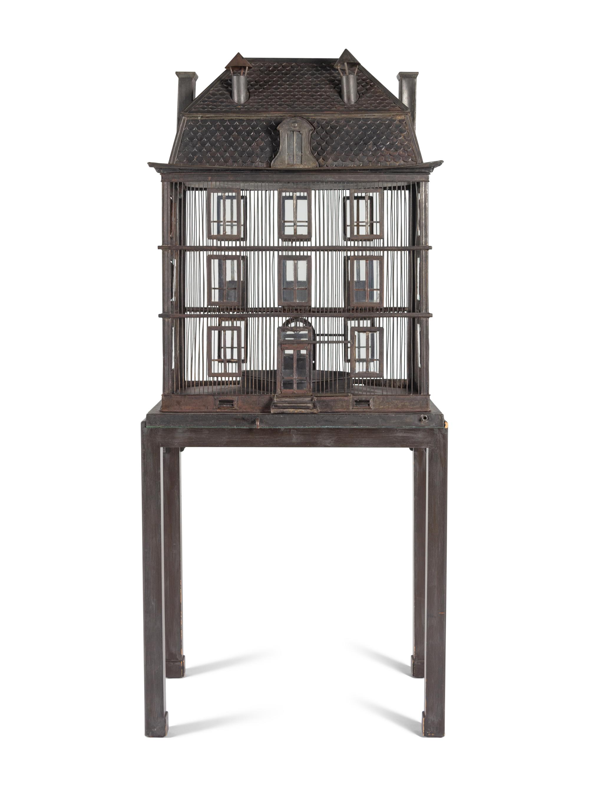 A Large French Grey-Painted Metal Chateau-Form Birdcage