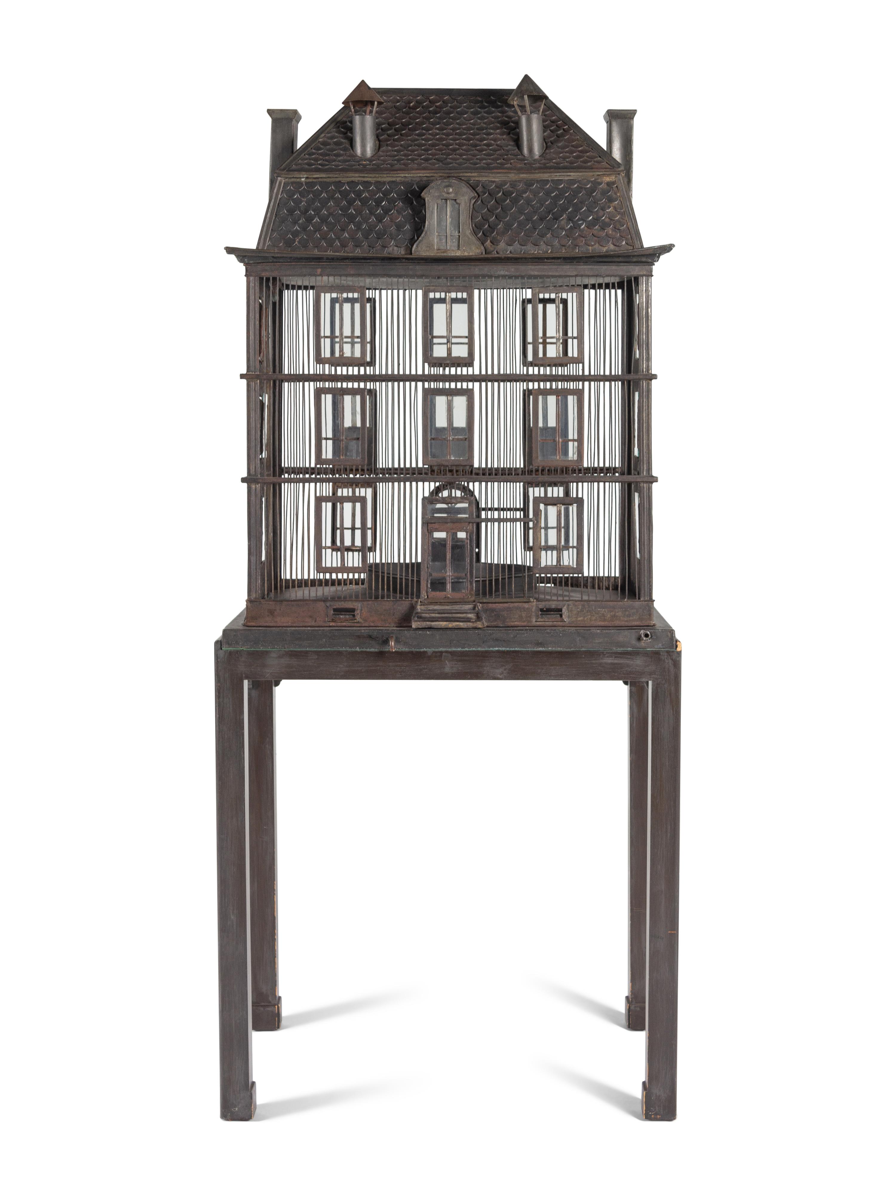 A Large French Grey-Painted Metal Chateau-Form Birdcage