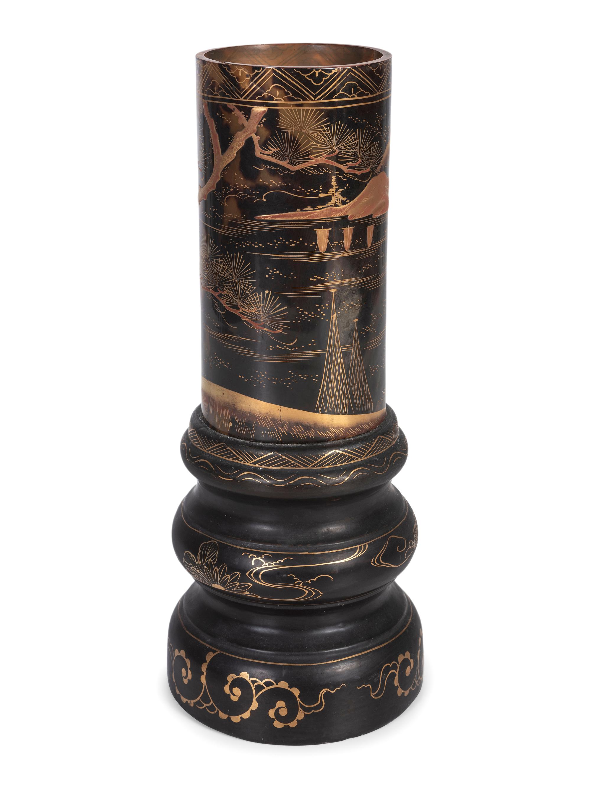 A Japanese Lacquer Brush Pot on Stand