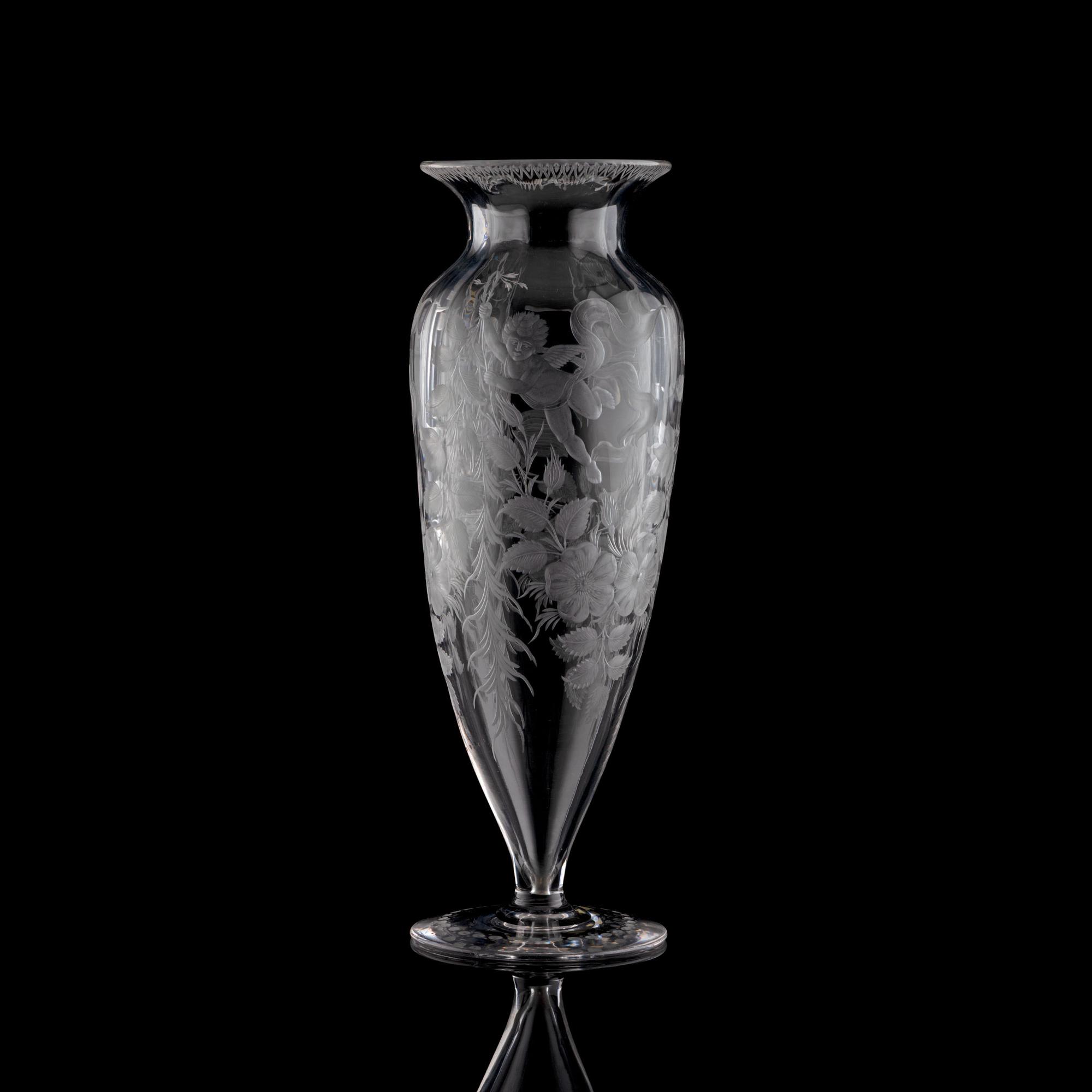 An American Copper Wheel-Engraved Glass Vase with a Wild Rose and Cherub