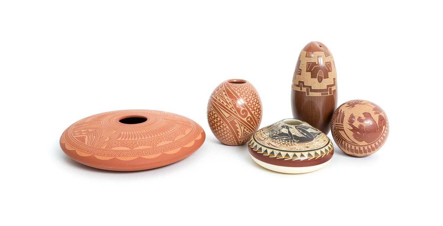 Five Pieces Carved Pueblo Pottery First height 3 x diameter 3 inches.