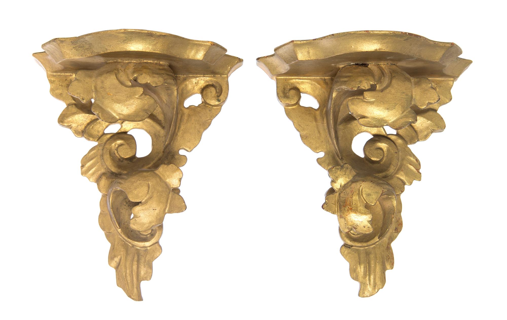 Two Pairs of Italian Giltwood Wall Brackets, Height of tallest 10 inches.