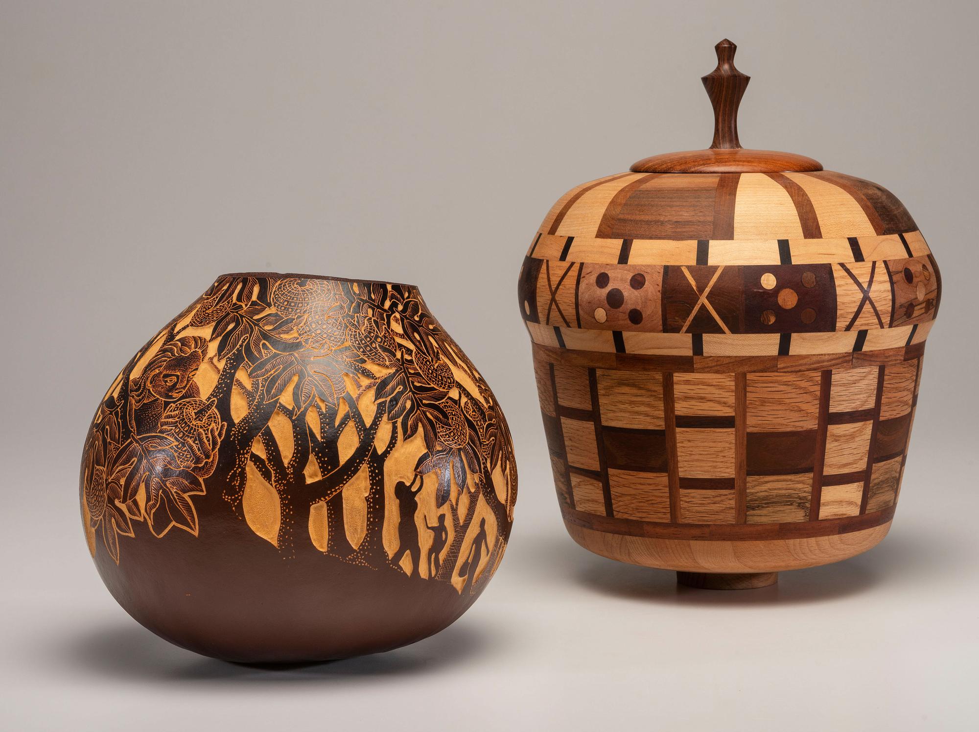 A Carved Lidded Jar and Gourd