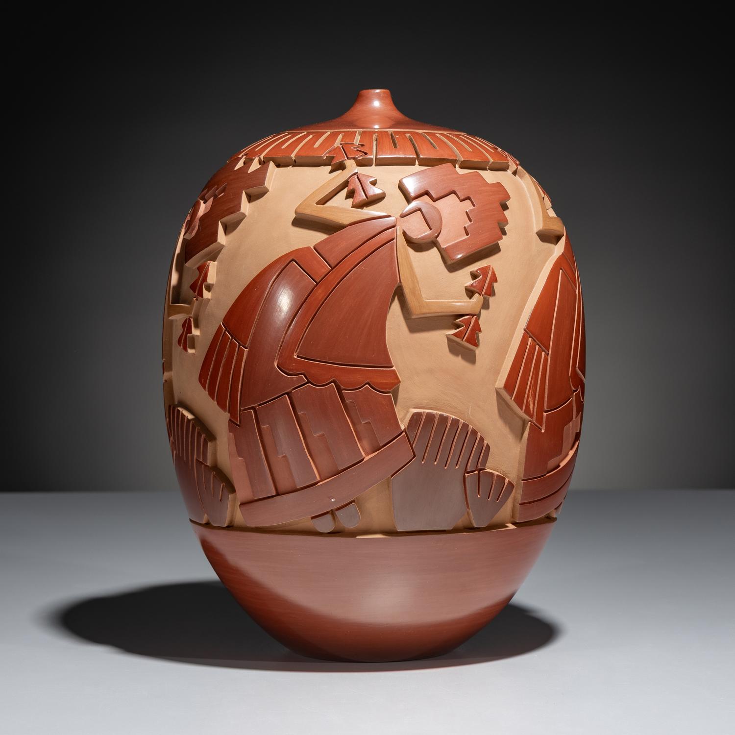 Carved Red and Tan Pottery Jar March 1998