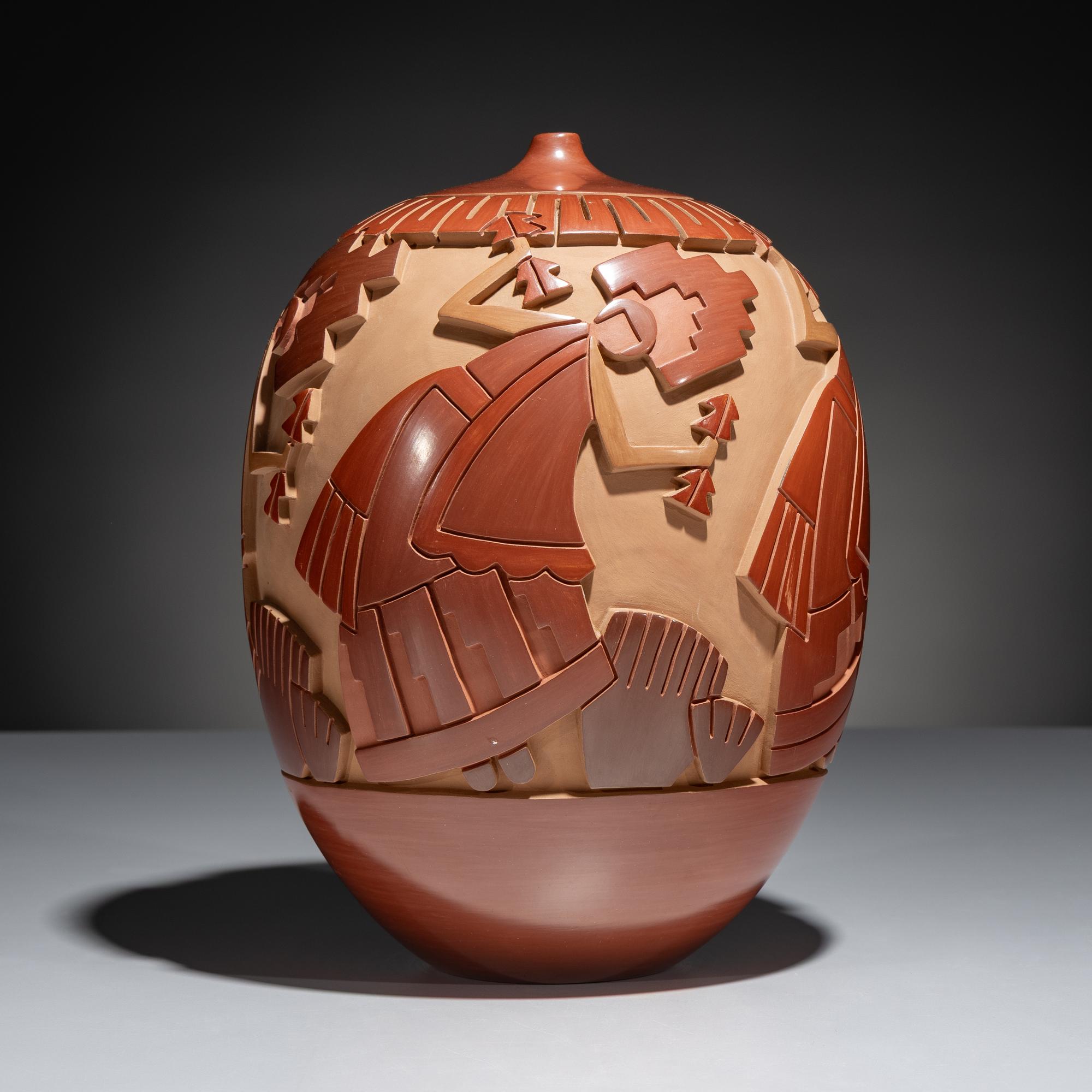 Carved Red and Tan Pottery Jar March 1998
