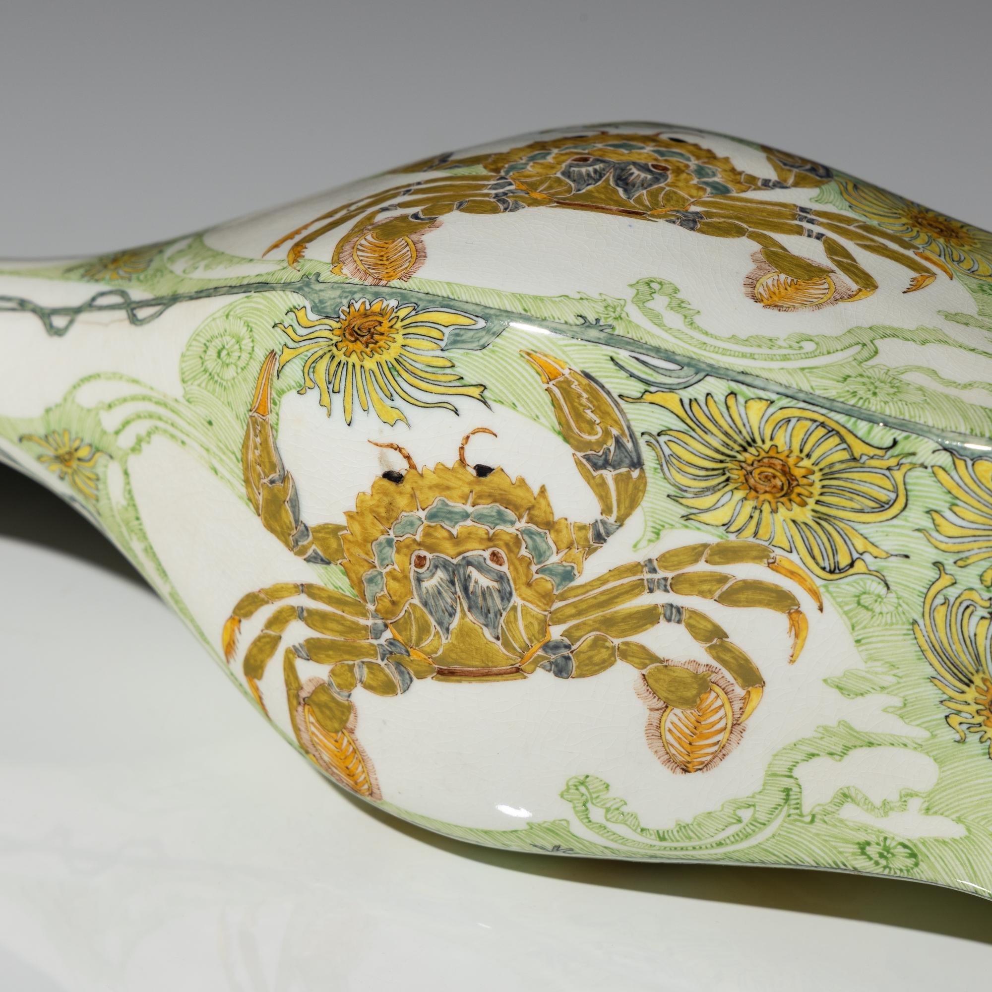 Eggshell porcelain vase with polychrome crab and reef decor, model 90