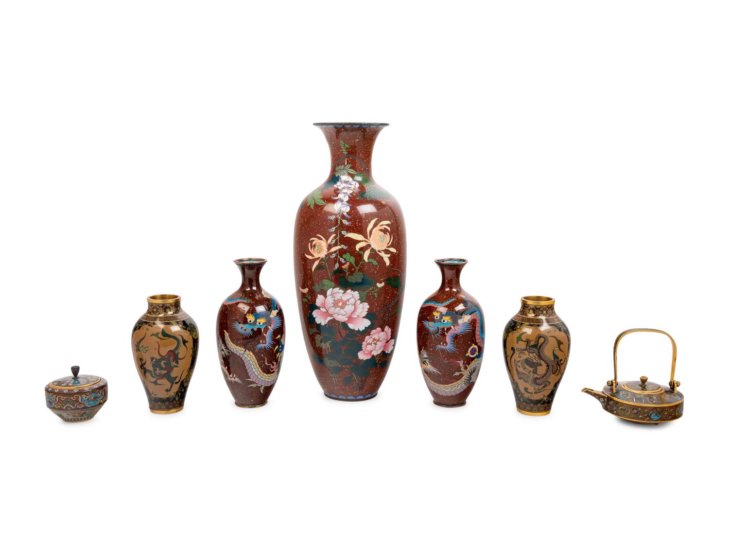 Seven Japanese Brown Ground Cloisonné Enameled Articles