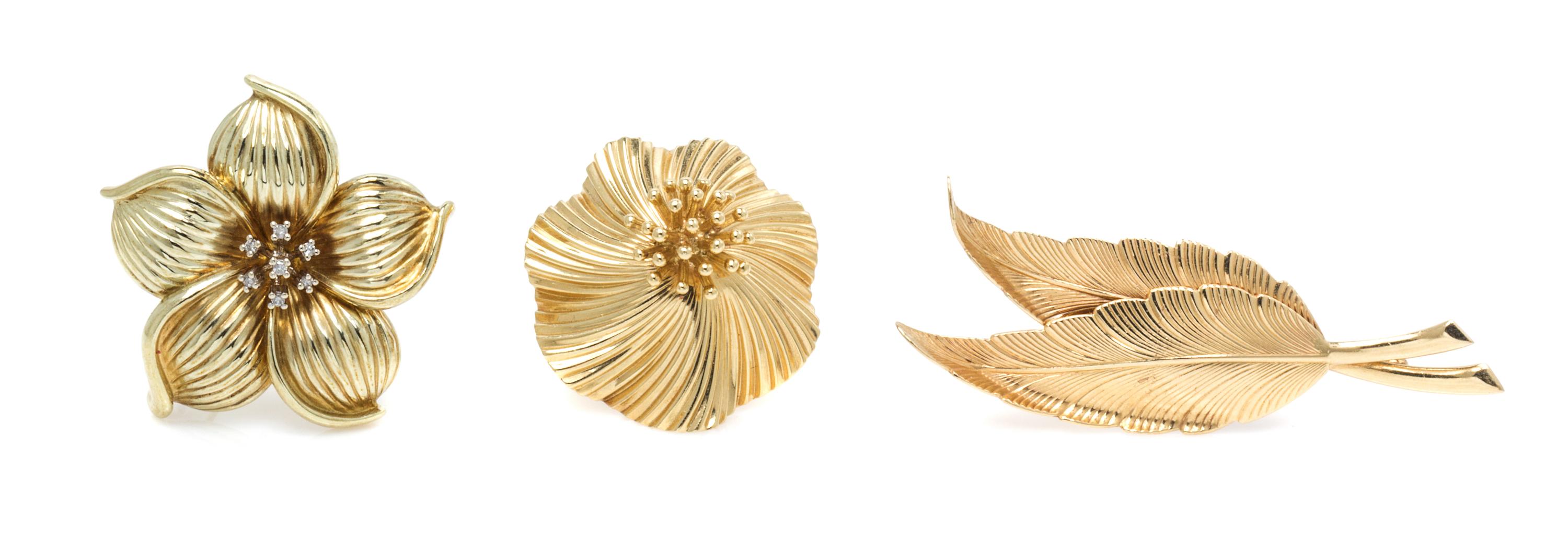 A Collection of 14 Karat Yellow Gold and Diamond Brooches, 12.10 dwts.