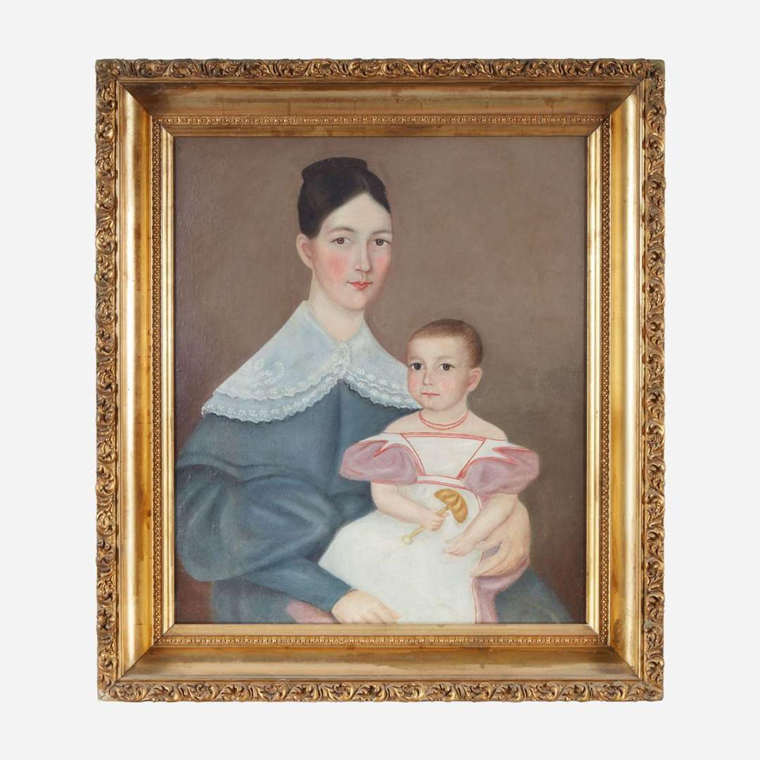 American School 19th century Portrait of a Jerusha Baker (1814-1885) and child of Nantucket, Massachusetts