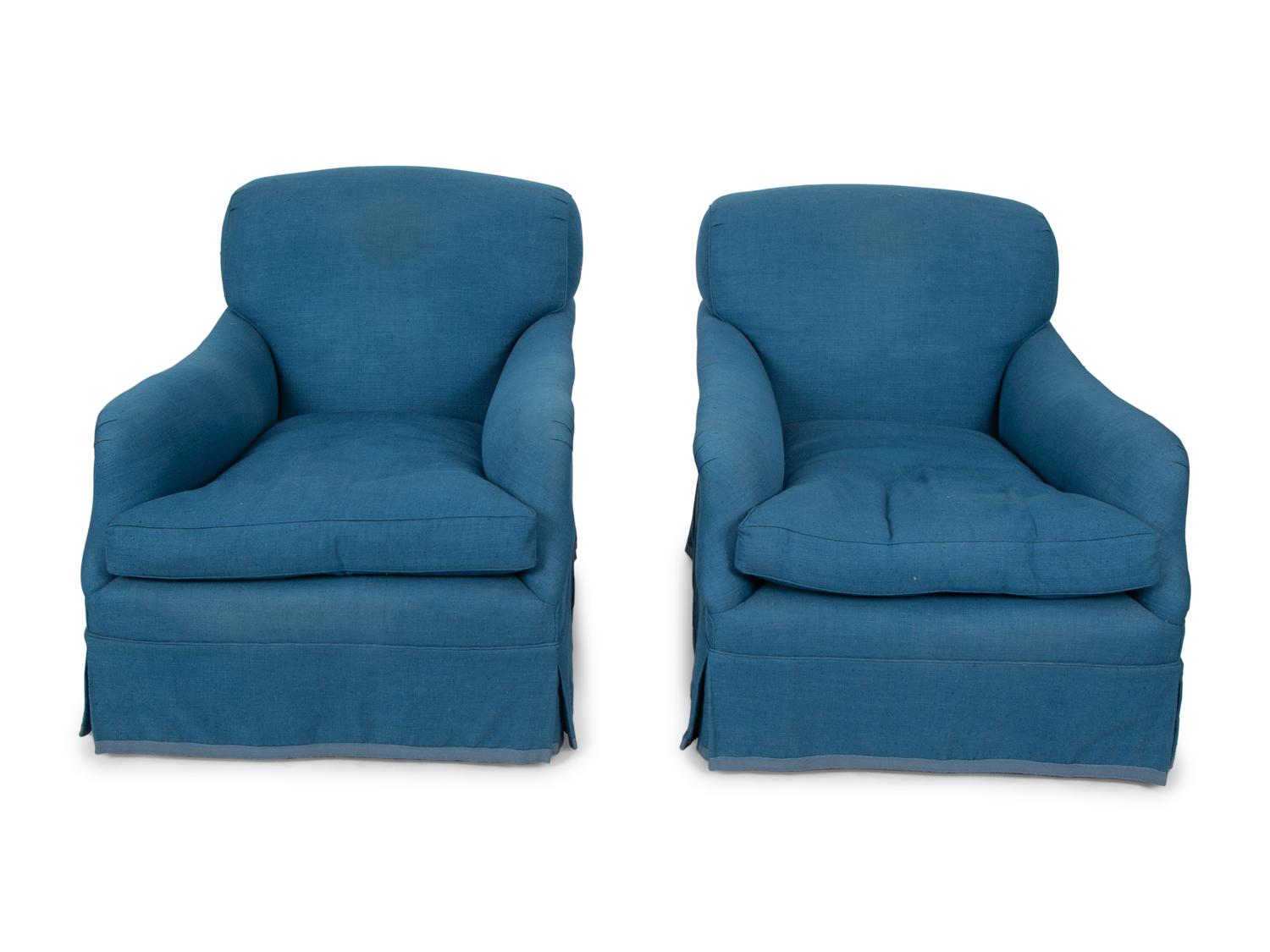 A Pair of Blue Linen Upholstered Club Chairs — 20TH CENTURY