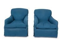 A Pair of Blue Linen Upholstered Club Chairs — 20TH CENTURY