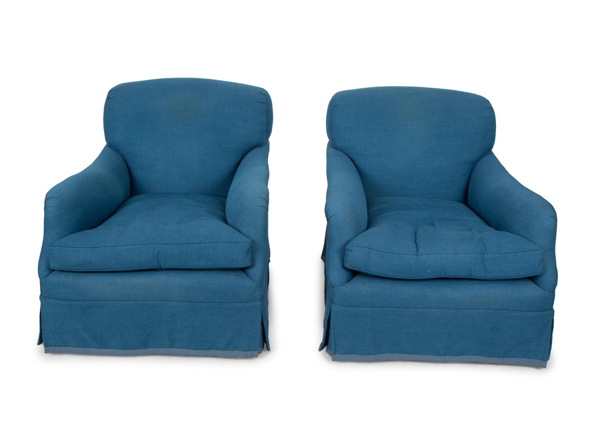 A Pair of Blue Linen Upholstered Club Chairs — 20TH CENTURY