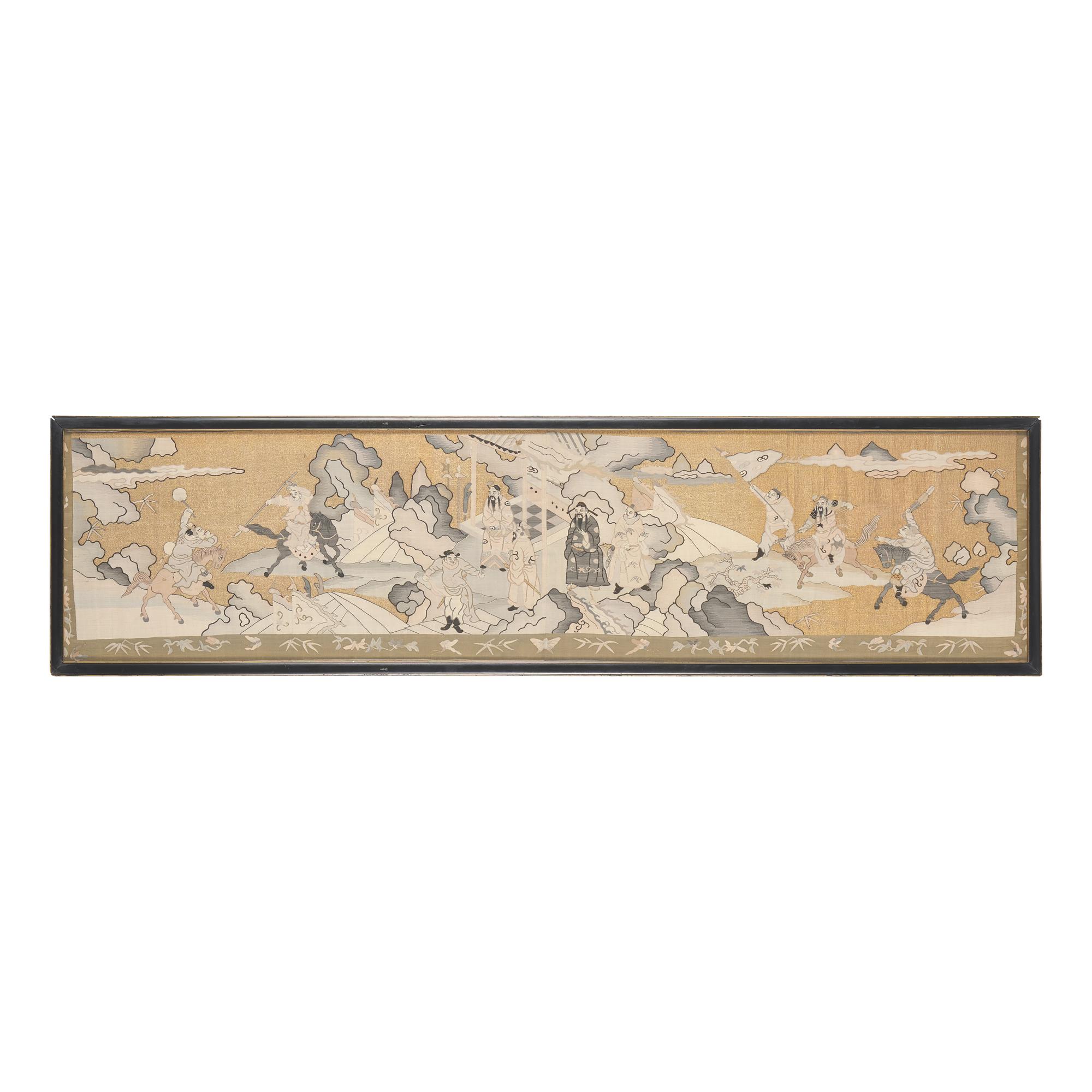 A Chinese Gold Ground Kesi Tapestry 'Warriors' Panel, Late 19th/Early 20th Century — 晚清/民國 緙絲刀馬圖鏡框一幅