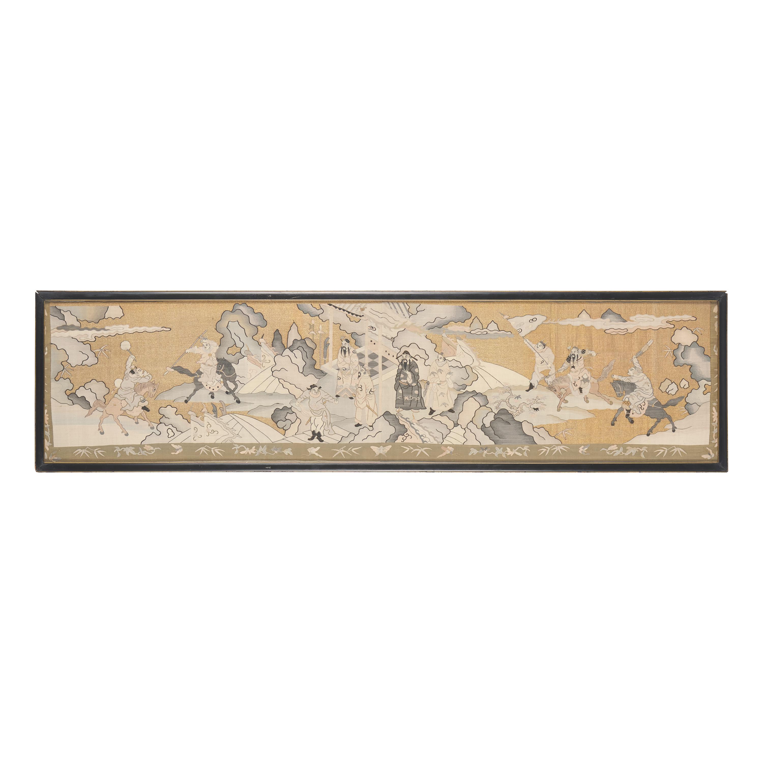 A Chinese Gold Ground Kesi Tapestry 'Warriors' Panel, Late 19th/Early 20th Century — 晚清/民國 緙絲刀馬圖鏡框一幅