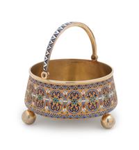 A Russian Silver-Gilt and Enameled Sugar Bowl, Tongs and Scoop
