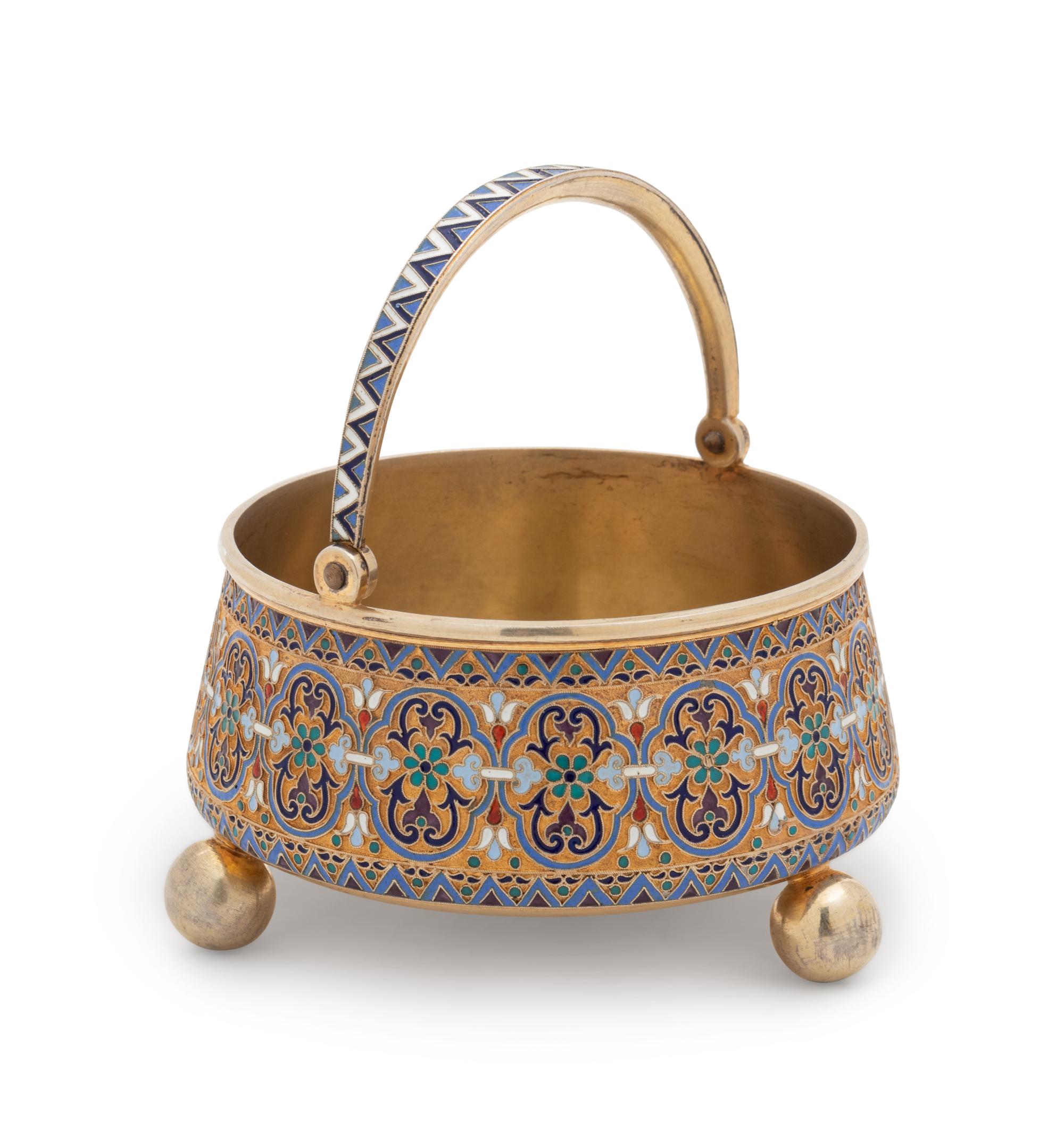 A Russian Silver-Gilt and Enameled Sugar Bowl, Tongs and Scoop