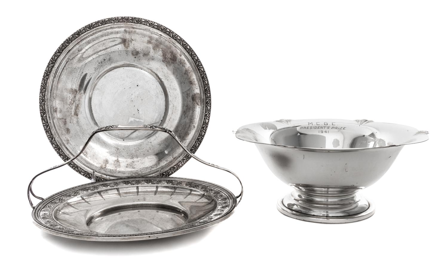 Three American Silver Table Articles, , comprising a center bowl, a cake tray and a dish.