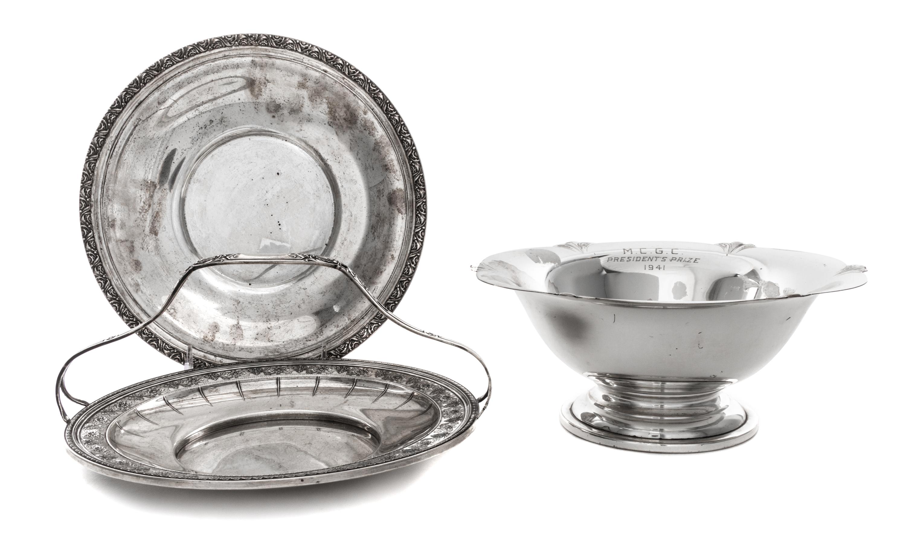 Three American Silver Table Articles, , comprising a center bowl, a cake tray and a dish.