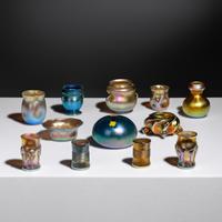 Group of Twelve Favrile Glass Cabinet Vases, Cordials and a Salt Shaker, c. 1910 Tiffany Studios