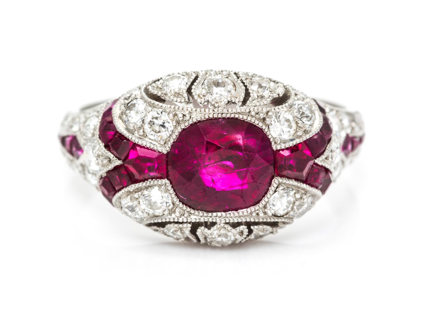 A Fine Art Deco Platinum, Ruby and Diamond Ring, Grogan, 2.70 dwts.