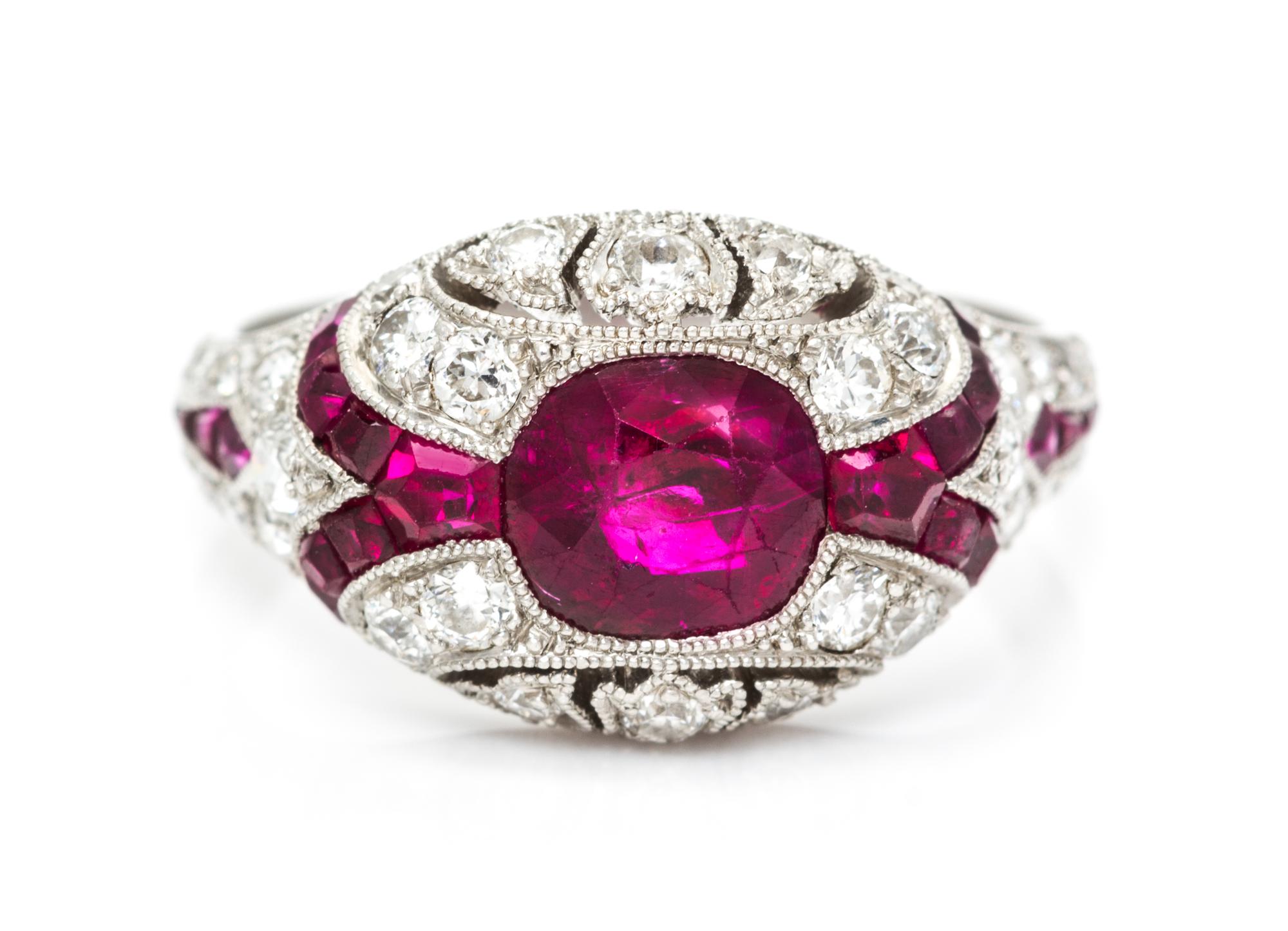 A Fine Art Deco Platinum, Ruby and Diamond Ring, Grogan, 2.70 dwts.