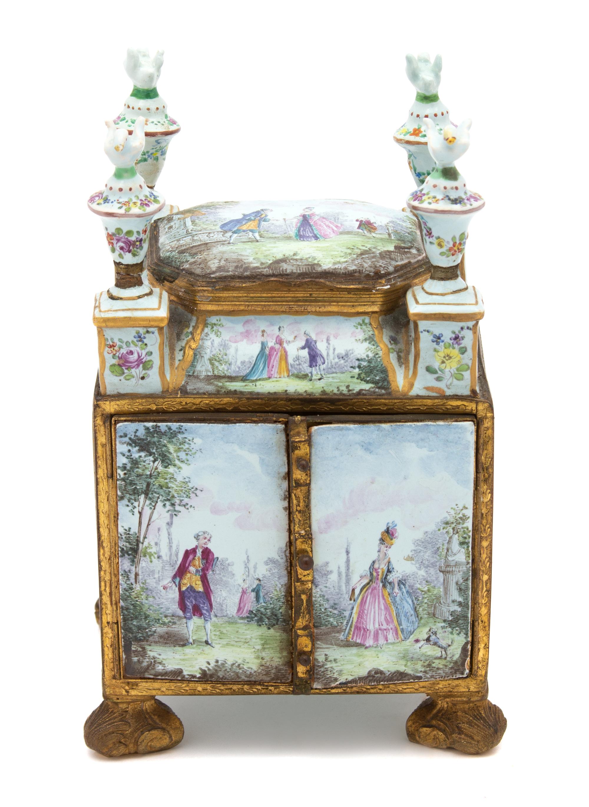 A Viennese Enamel and Gilt Bronze Neccessaire Height 6 1/2 x width 4 1/4 x depth 3 3/4 inches. — 19TH CENTURY