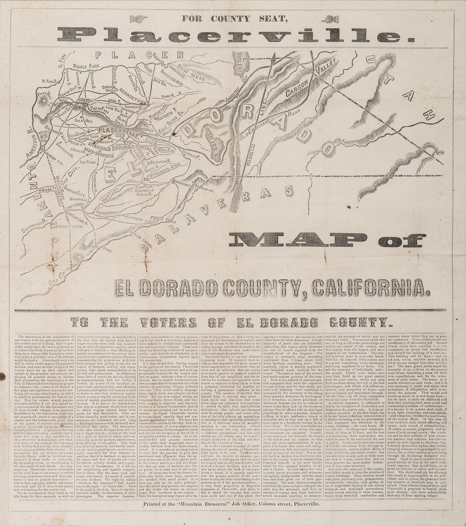 [GOLD RUSH]. To the Voters of El Dorado County . Placerville, CA: "Mountain Democrat" Job Office. Ca 1850s.
