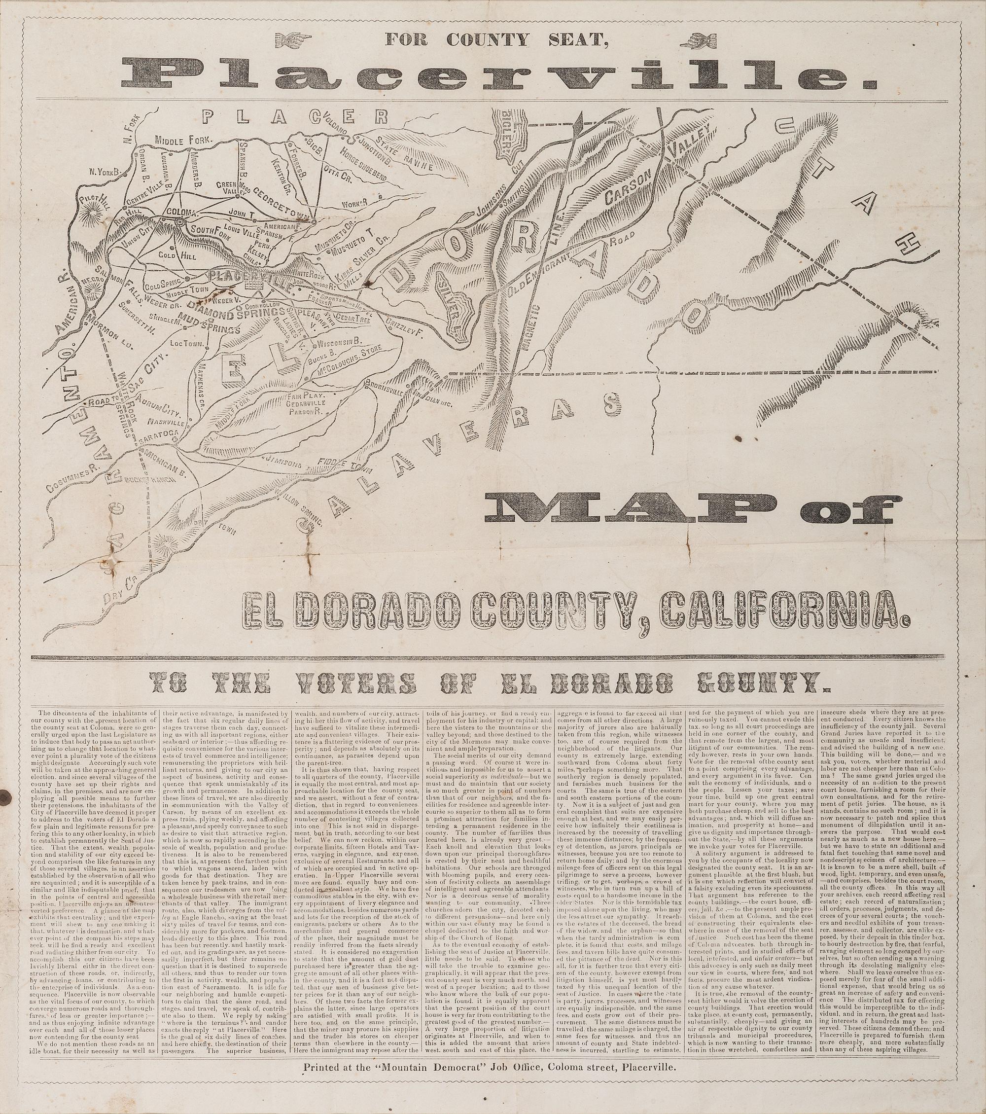 [GOLD RUSH]. To the Voters of El Dorado County . Placerville, CA: "Mountain Democrat" Job Office. Ca 1850s.