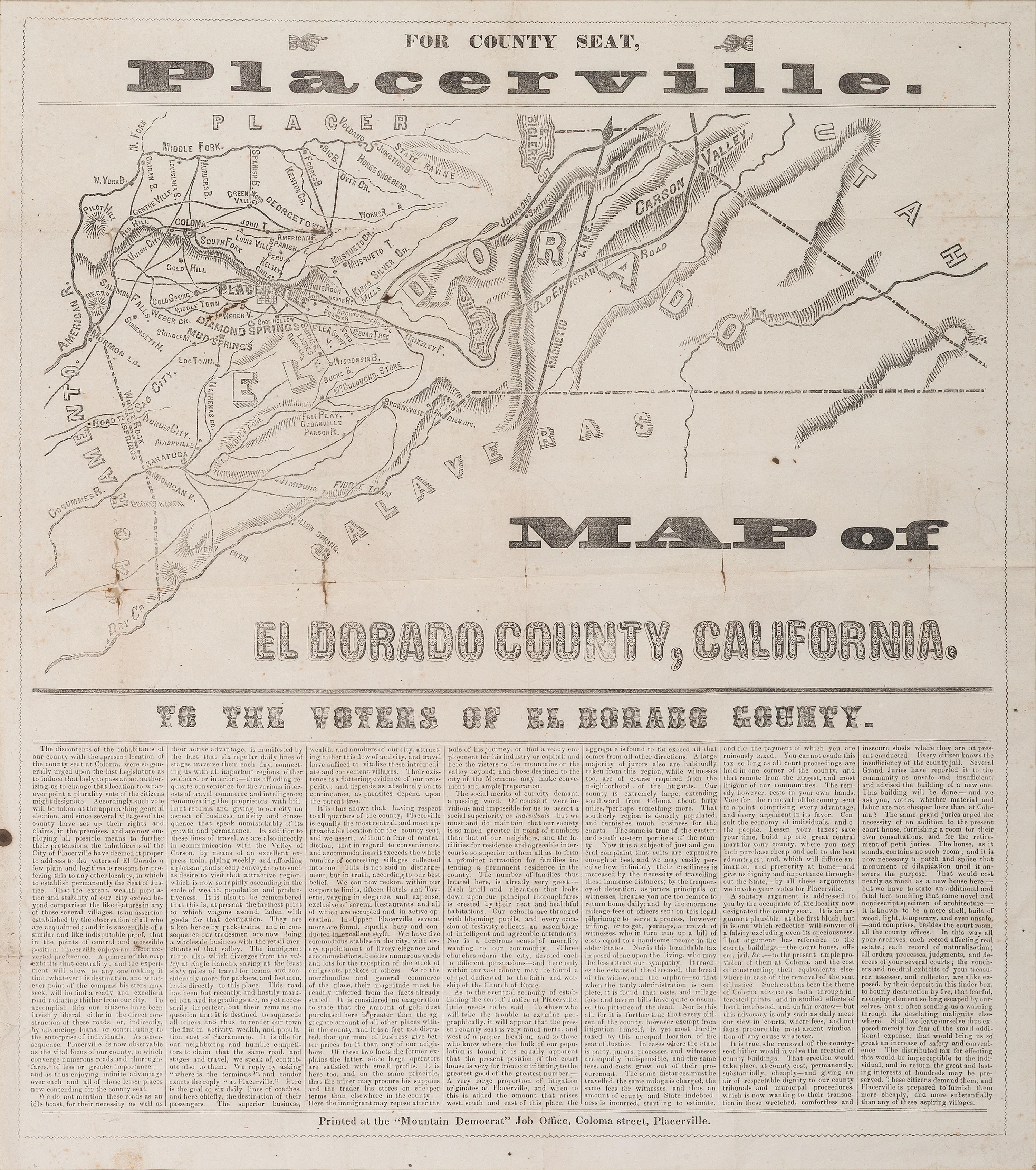 [GOLD RUSH]. To the Voters of El Dorado County . Placerville, CA: "Mountain Democrat" Job Office. Ca 1850s.