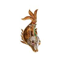 BICOLOR GOLD, DIAMOND, ENAMEL AND RUBY FISH BROOCH