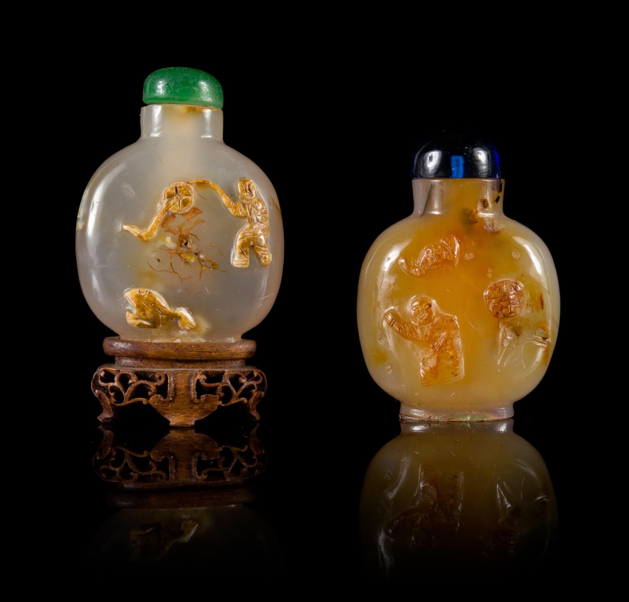 Two Carved Agate Snuff Bottles — LATE 19TH/20TH CENTURY
