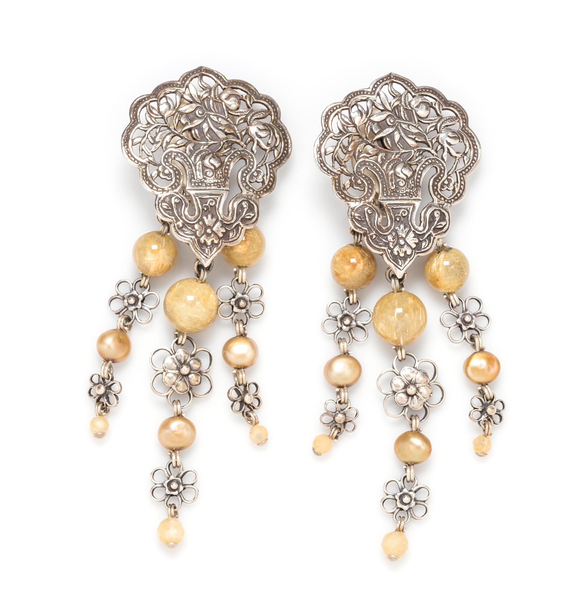 A Pair of Sterling Silver, Rutilated Quartz and Cultured Pearl Ear Clips, Stephen Dweck, 33.75 dwts.