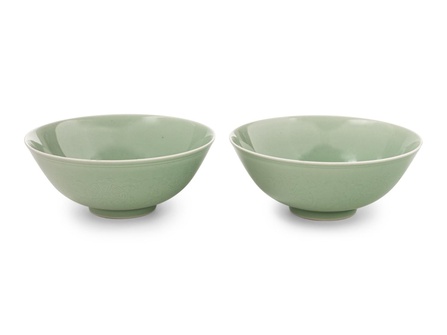 A Pair of Incised Celadon Glazed Porcelain Bowls